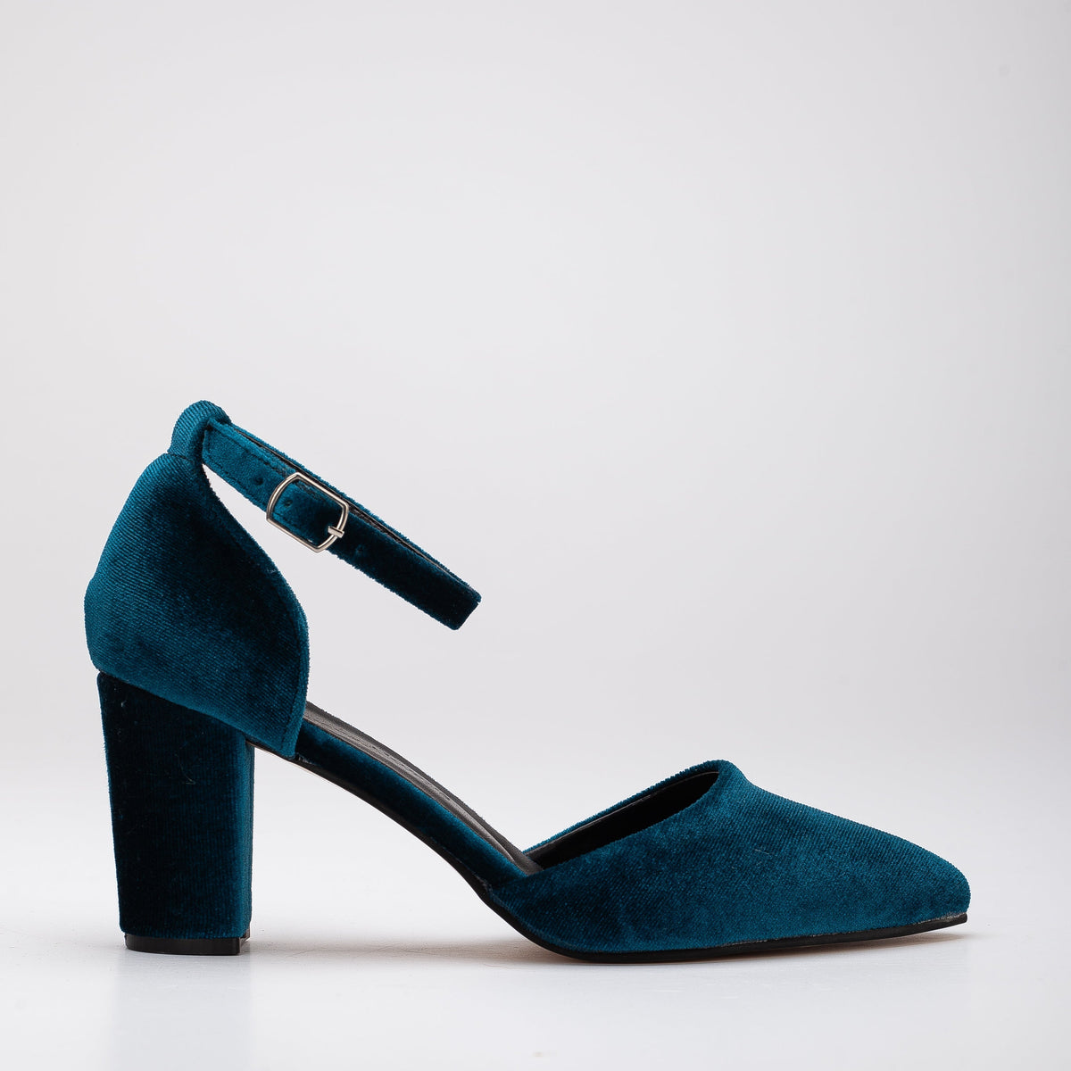 Hazel - Teal Blue Velvet Wedding Heels with Pearls – top view showing pearl, velvet, blue, Vowalisse