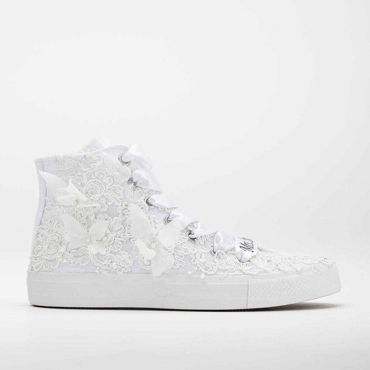 Soleil - White Lace Wedding Converse – front three-quarter view showing pearl, lace, satin, Vowalisse
