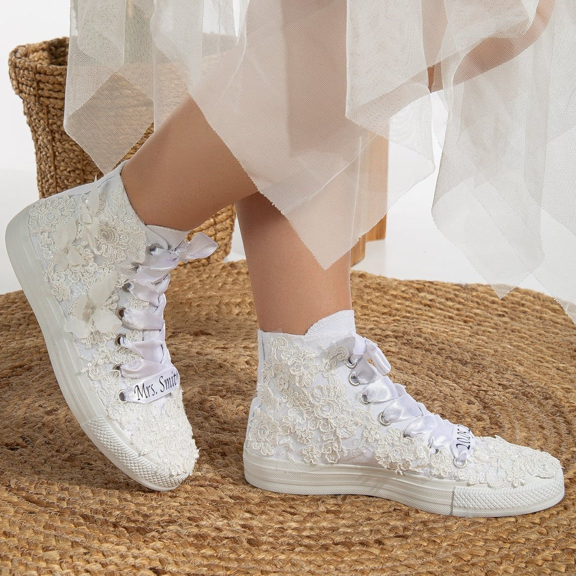 Soleil - White Lace Wedding Converse – side view showing pearl, lace, satin, Vowalisse