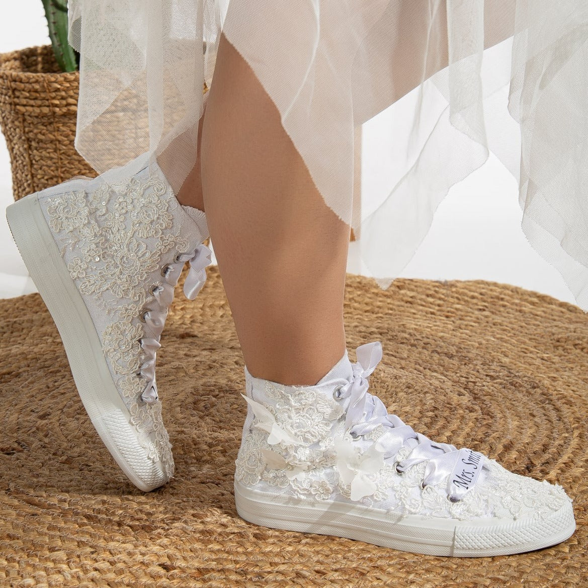 Soleil - White Lace Wedding Converse – back view showing pearl, lace, satin, Vowalisse