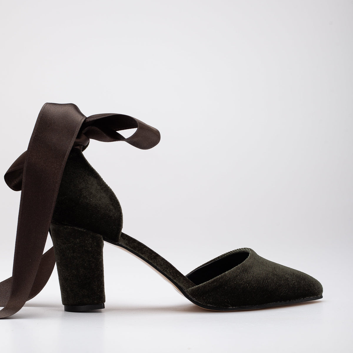 Gisele - Olive Green Velvet Heels with Ribbon – front three-quarter view showing velvet, leather, green, Vowalisse