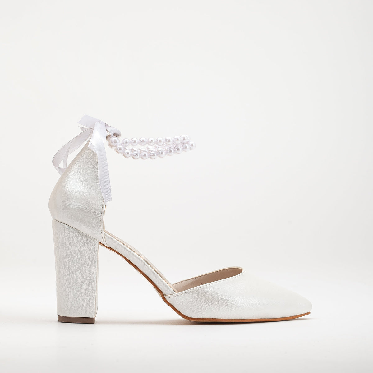 Hazel - Ivory Wedding Heels with Pearls – front three-quarter view showing pearl, leather, ivory, Vowalisse