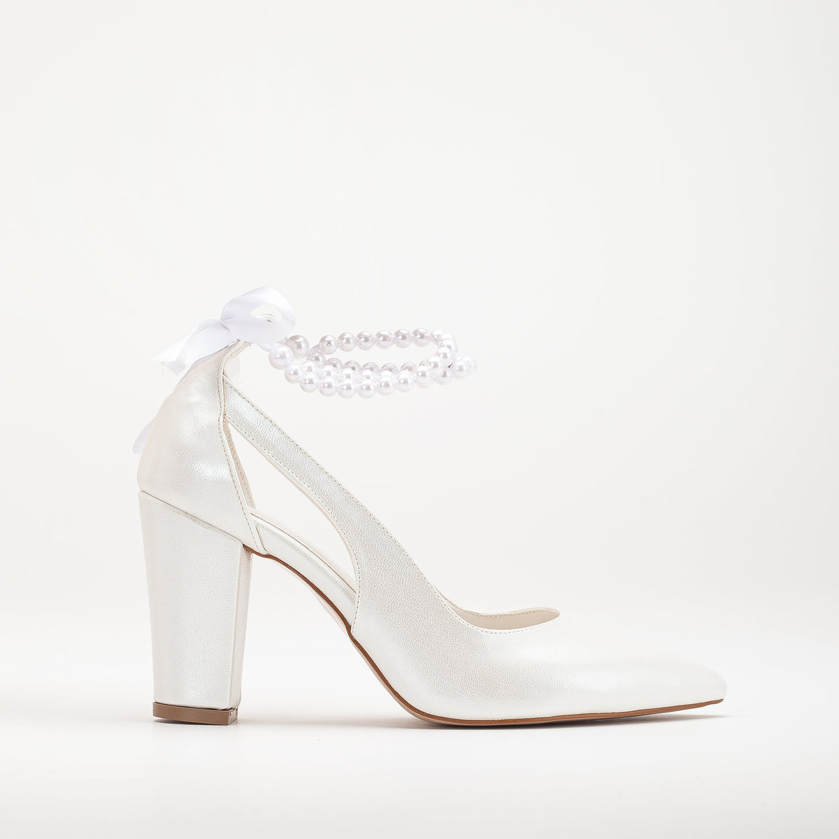 Camila - Ivory Wedding Shoes with Pearls – front three-quarter view showing pearl, satin, leather, Vowalisse