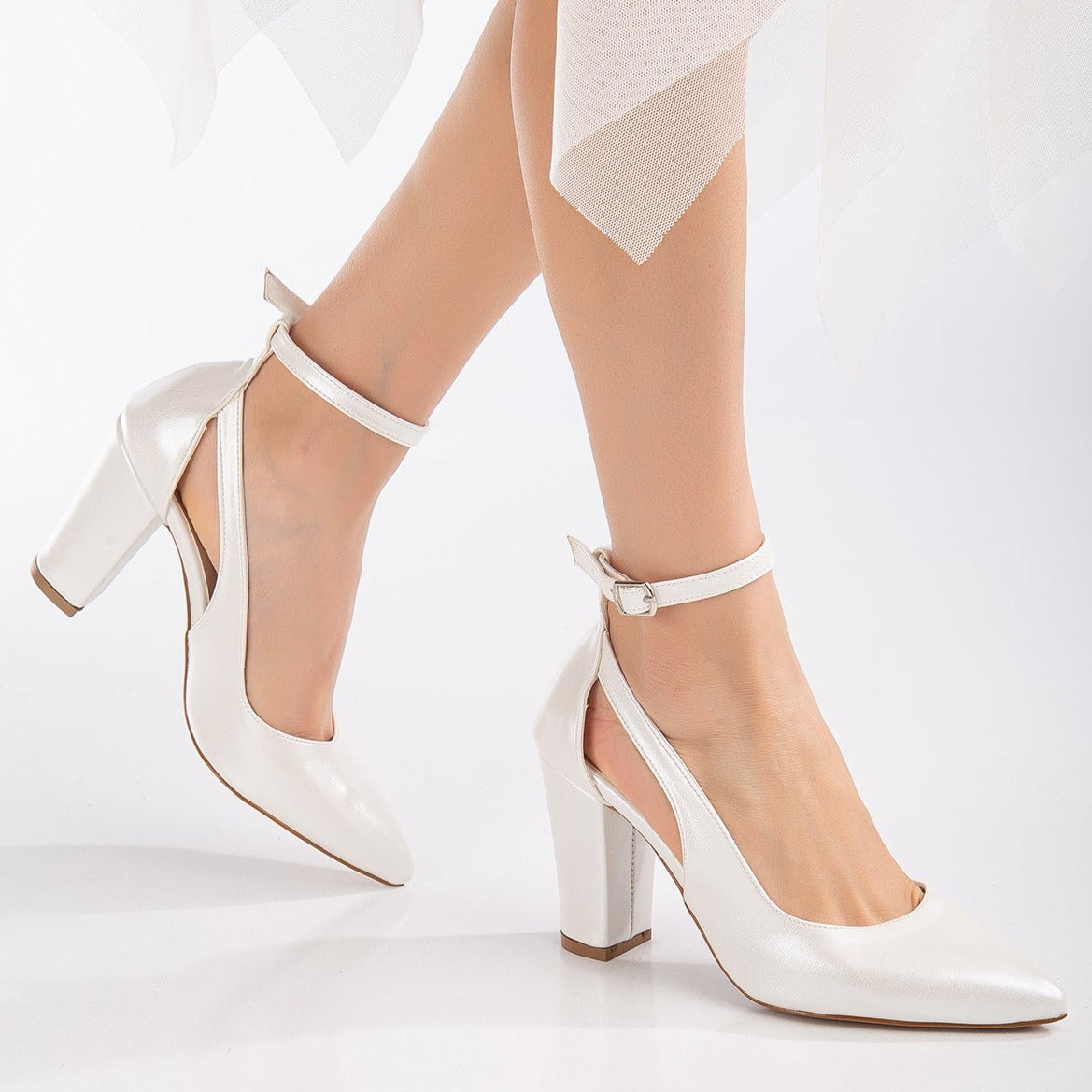 Camila - Ivory Wedding Shoes with Pearls – pair view showing pearl, satin, leather, Vowalisse