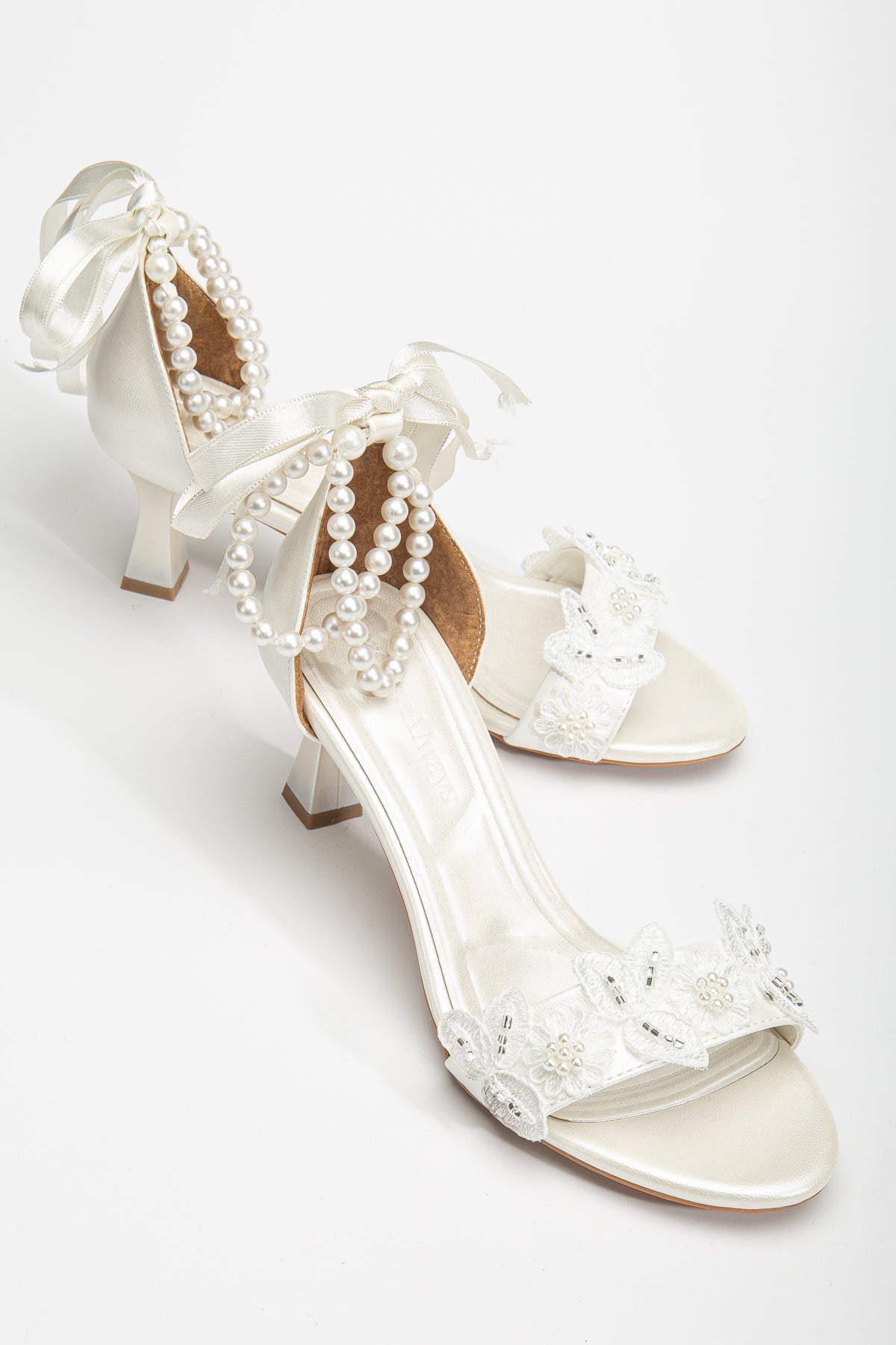 Dawn - Ivory Lace Bridal Sandals with Pearls – front three-quarter view showing pearl, lace, ivory, Vowalisse
