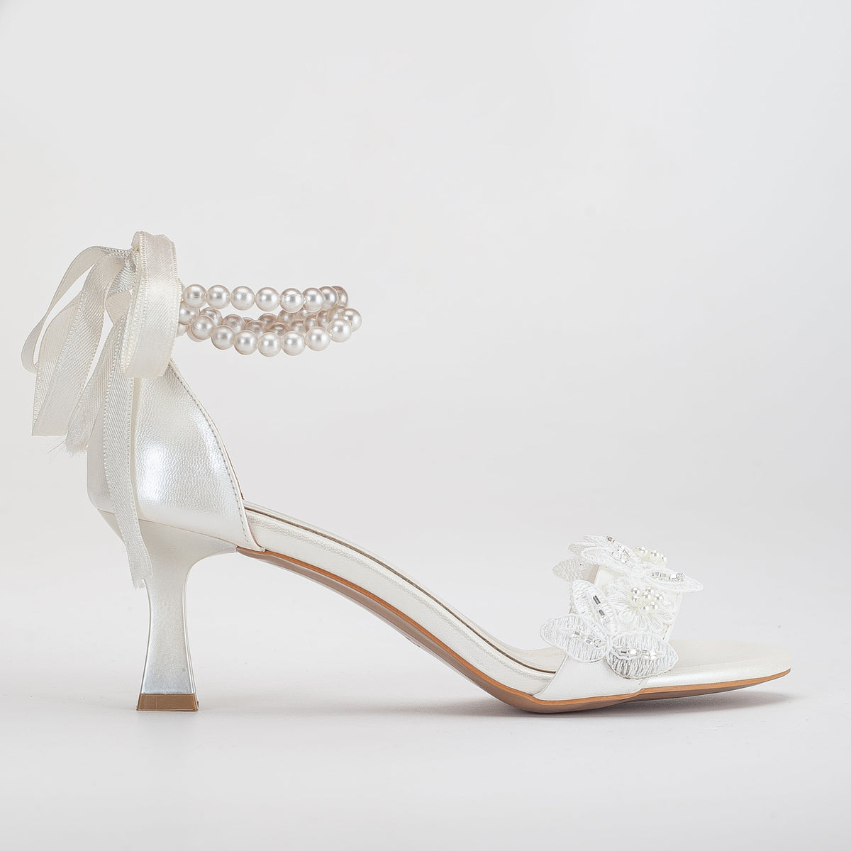 Dawn - Ivory Lace Bridal Sandals with Pearls – side view showing pearl, lace, ivory, Vowalisse