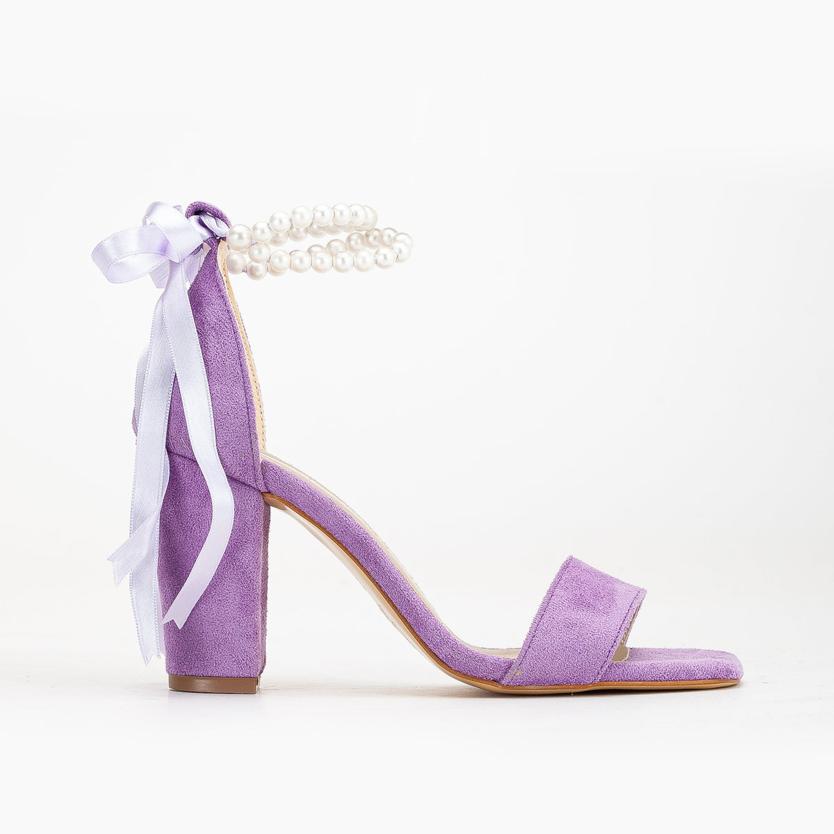 Melissa - Purple Suede Sandals with Pearls – front three-quarter view showing pearl, leather, suede, Vowalisse