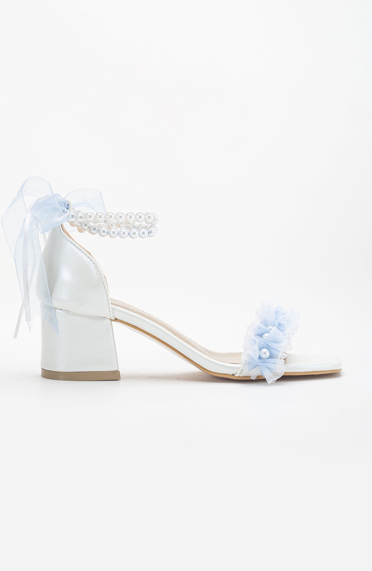 Jasmine - Lace Bridal Sandals with Pearls – back view showing pearl, lace, leather, Vowalisse