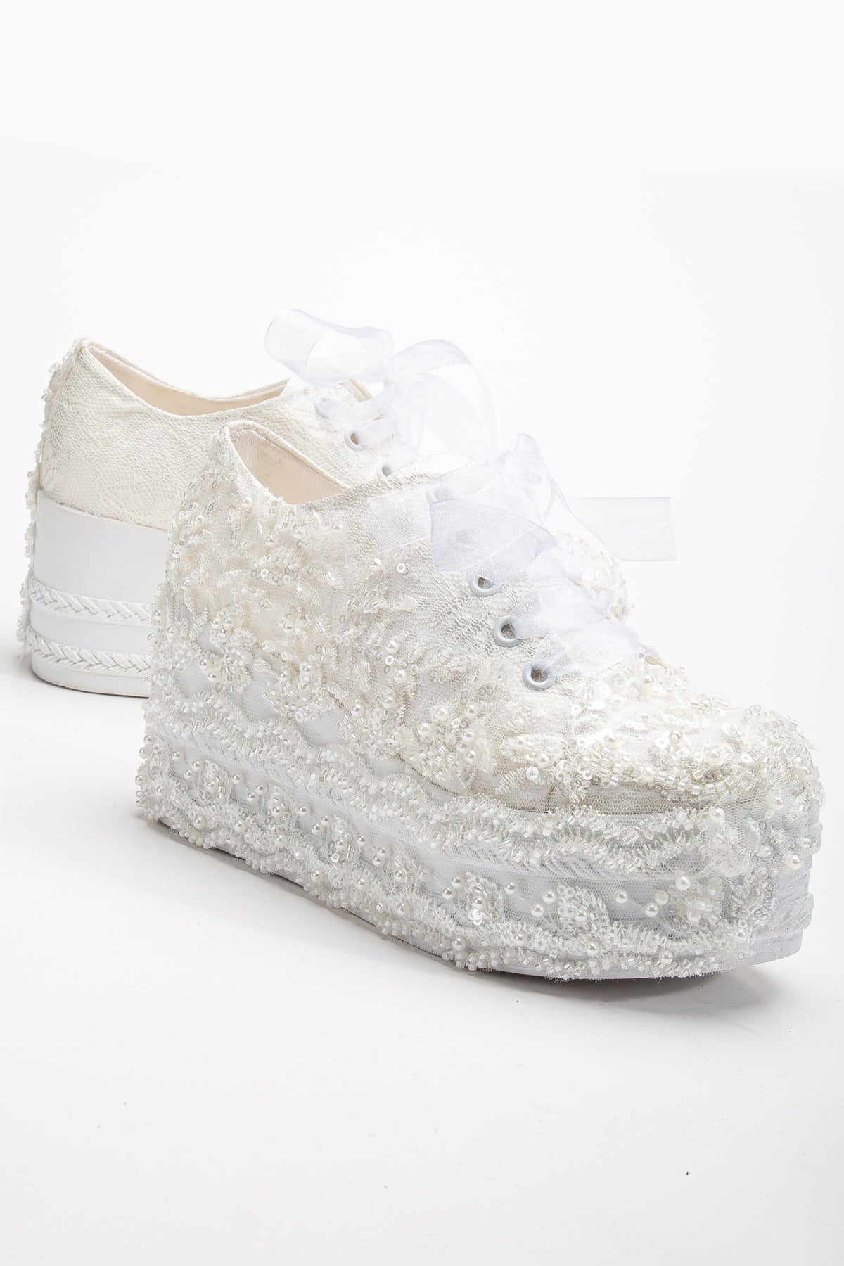 Florette - Ivory Lace Platform Bridal Sneakers – detail view showing lace, ivory, red, Vowalisse