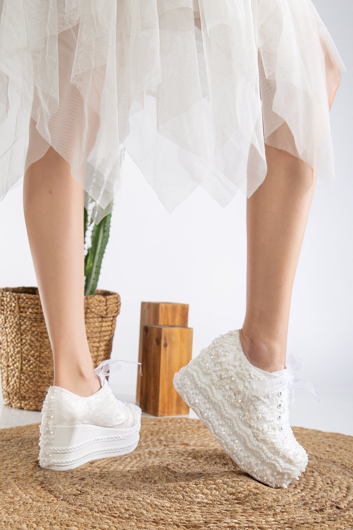 Florette - Ivory Lace Platform Bridal Sneakers – back view showing lace, ivory, red, Vowalisse