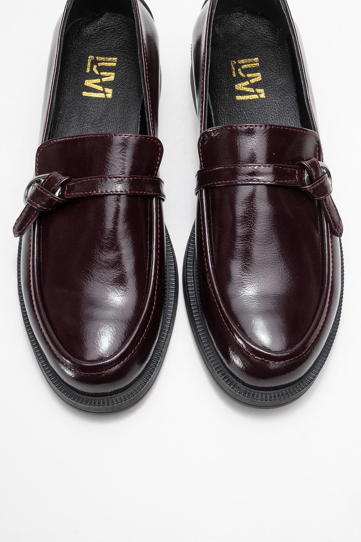 Galea - Burgundy Patent Buckle Genuine Leather Loafer – side view showing leather, Vowalisse