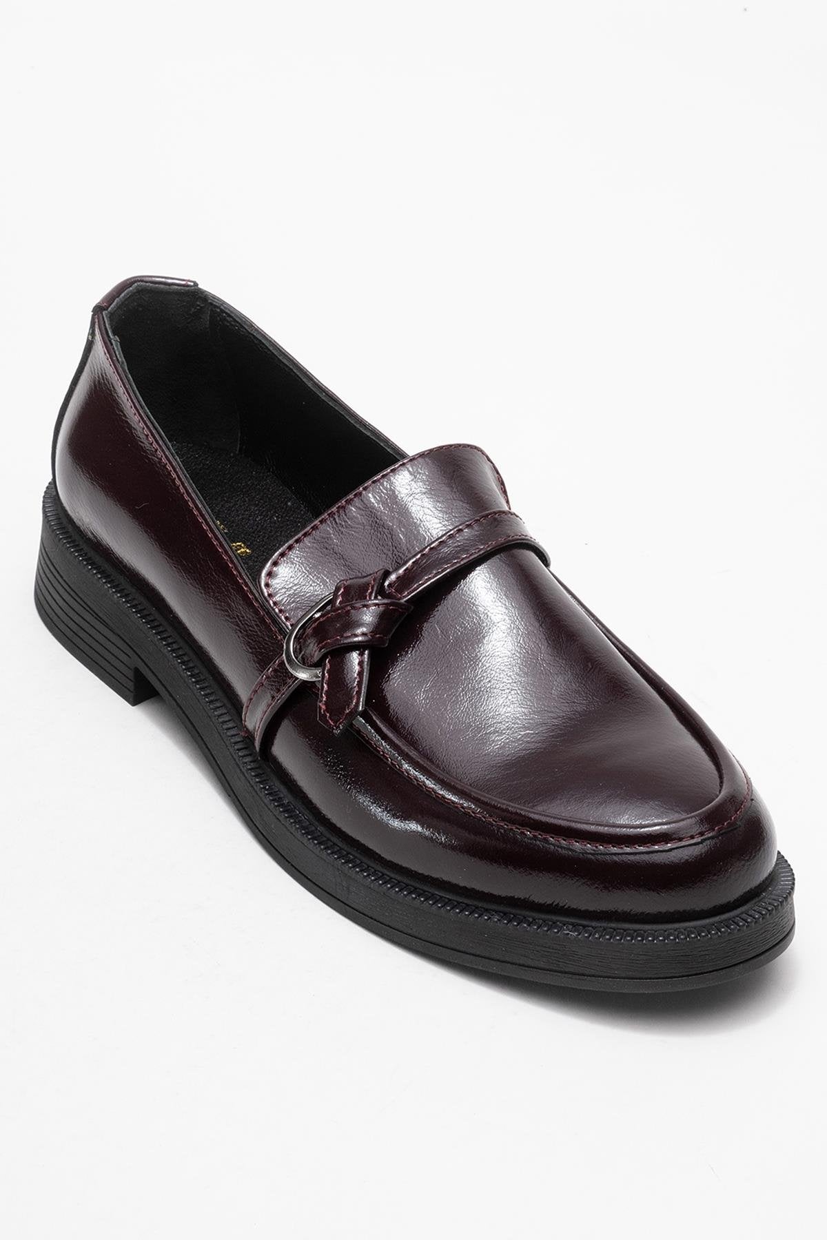 Galea - Burgundy Patent Buckle Genuine Leather Loafer – detail view showing leather, Vowalisse