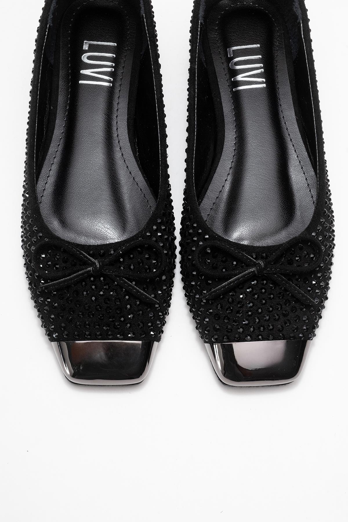 Abra - Black Stone-Embellished Bow Ballet Flat – side view showing bow, leather, black, Vowalisse