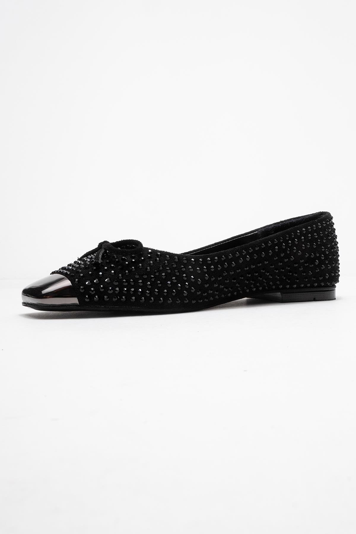 Abra - Black Stone-Embellished Bow Ballet Flat – heel view showing bow, leather, black, Vowalisse