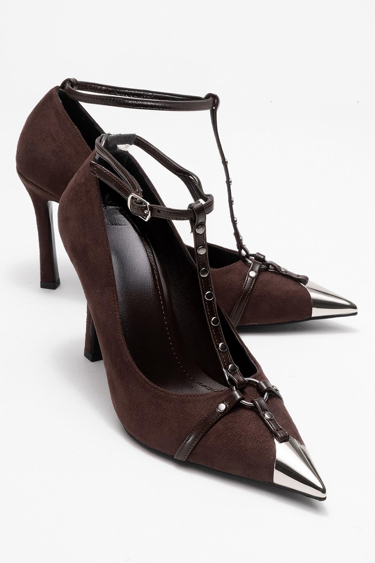 Juliana - Brown Strapped Metallic Toe Heeled Shoe – front three-quarter view showing leather, suede, metallic, Vowalisse