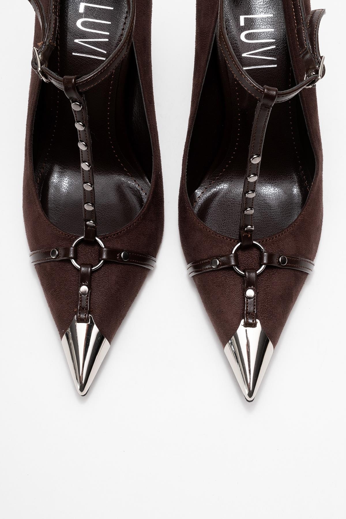 Juliana - Brown Strapped Metallic Toe Heeled Shoe – side view showing leather, suede, metallic, Vowalisse