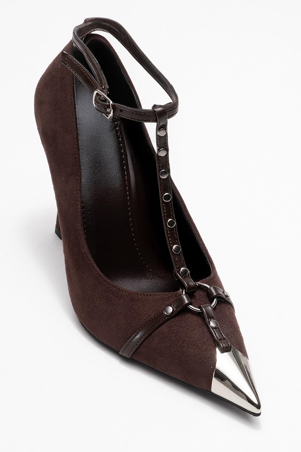 Juliana - Brown Strapped Metallic Toe Heeled Shoe – detail view showing leather, suede, metallic, Vowalisse