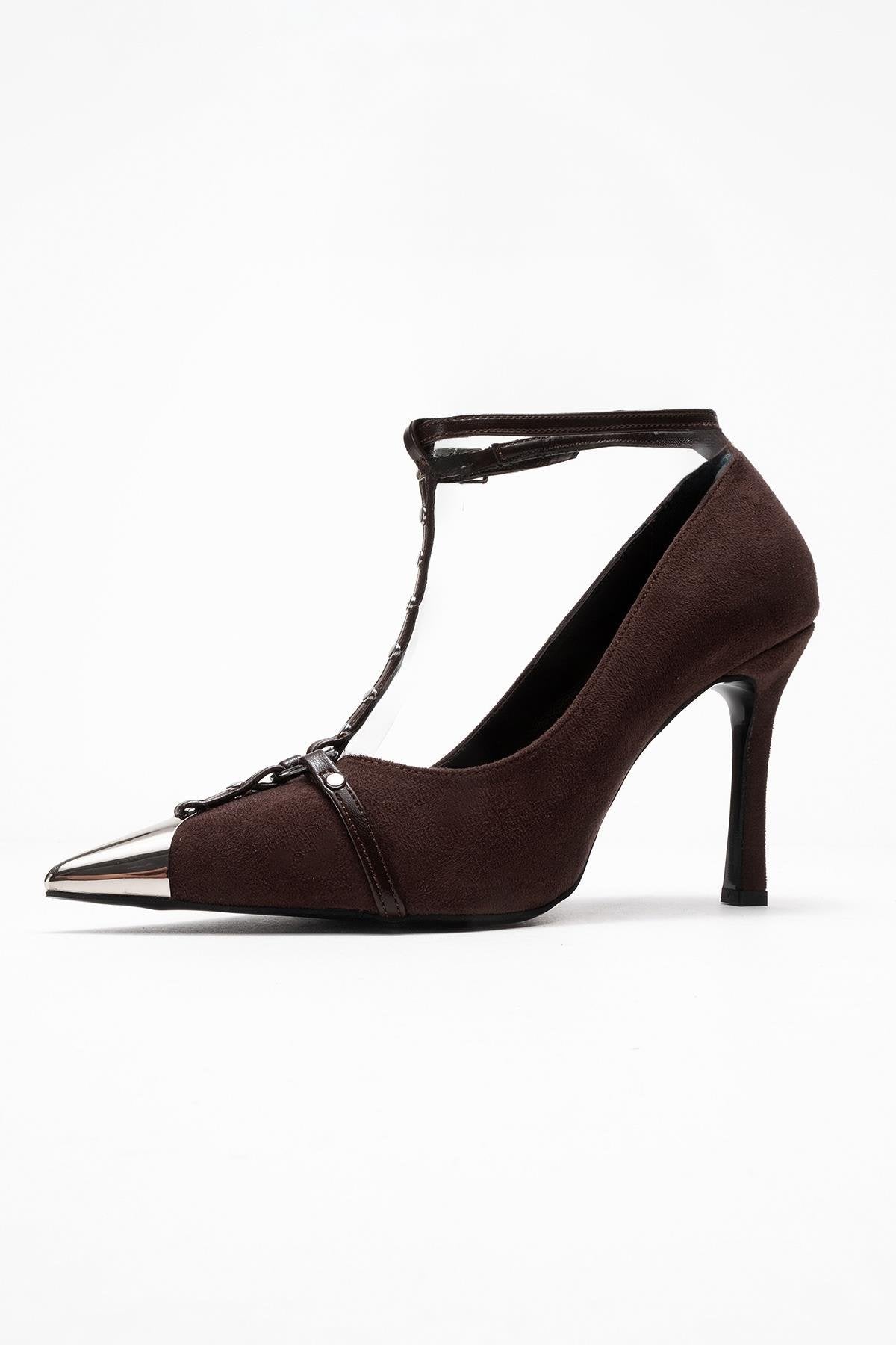 Juliana - Brown Strapped Metallic Toe Heeled Shoe – heel view showing leather, suede, metallic, Vowalisse