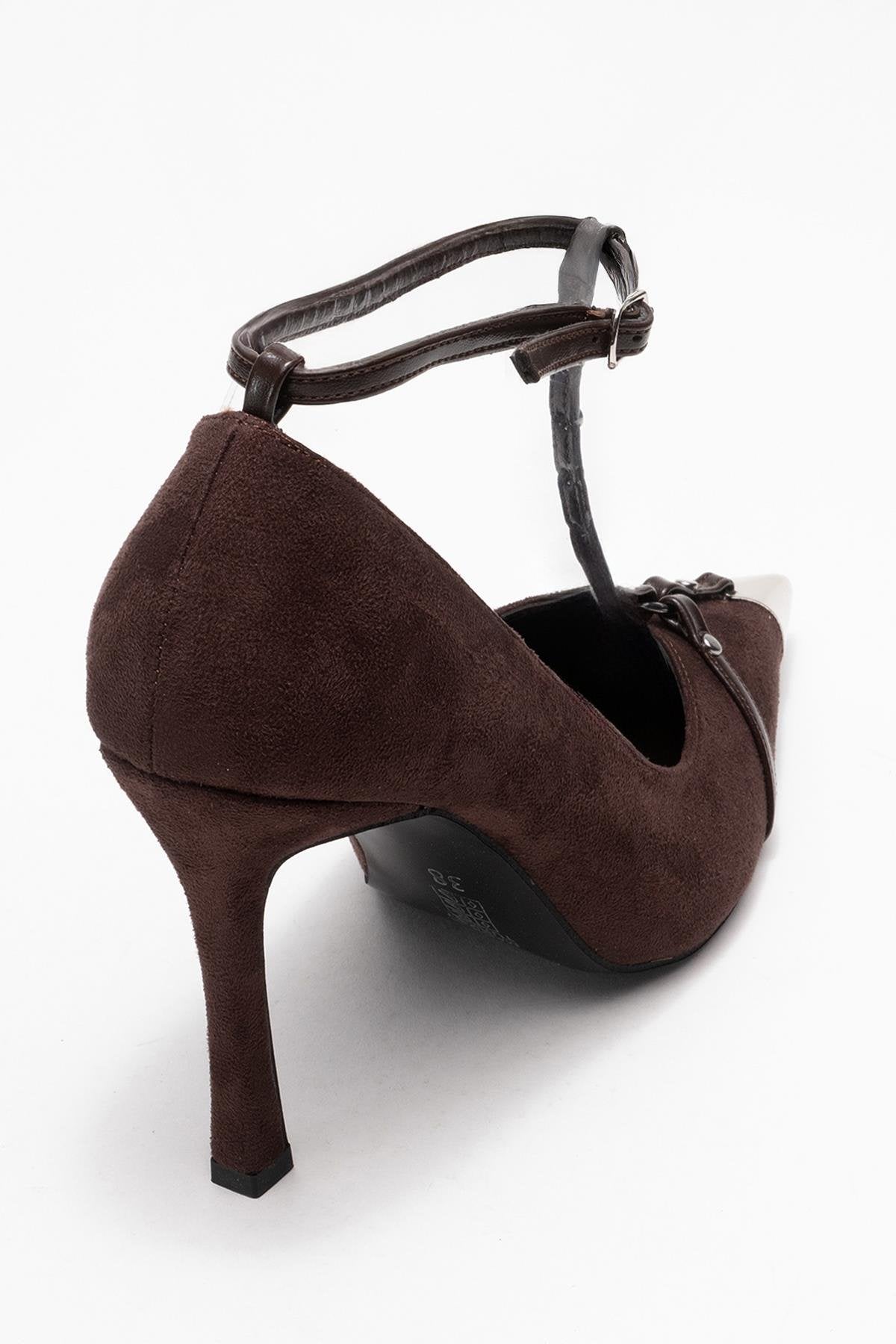 Juliana - Brown Strapped Metallic Toe Heeled Shoe – back view showing leather, suede, metallic, Vowalisse