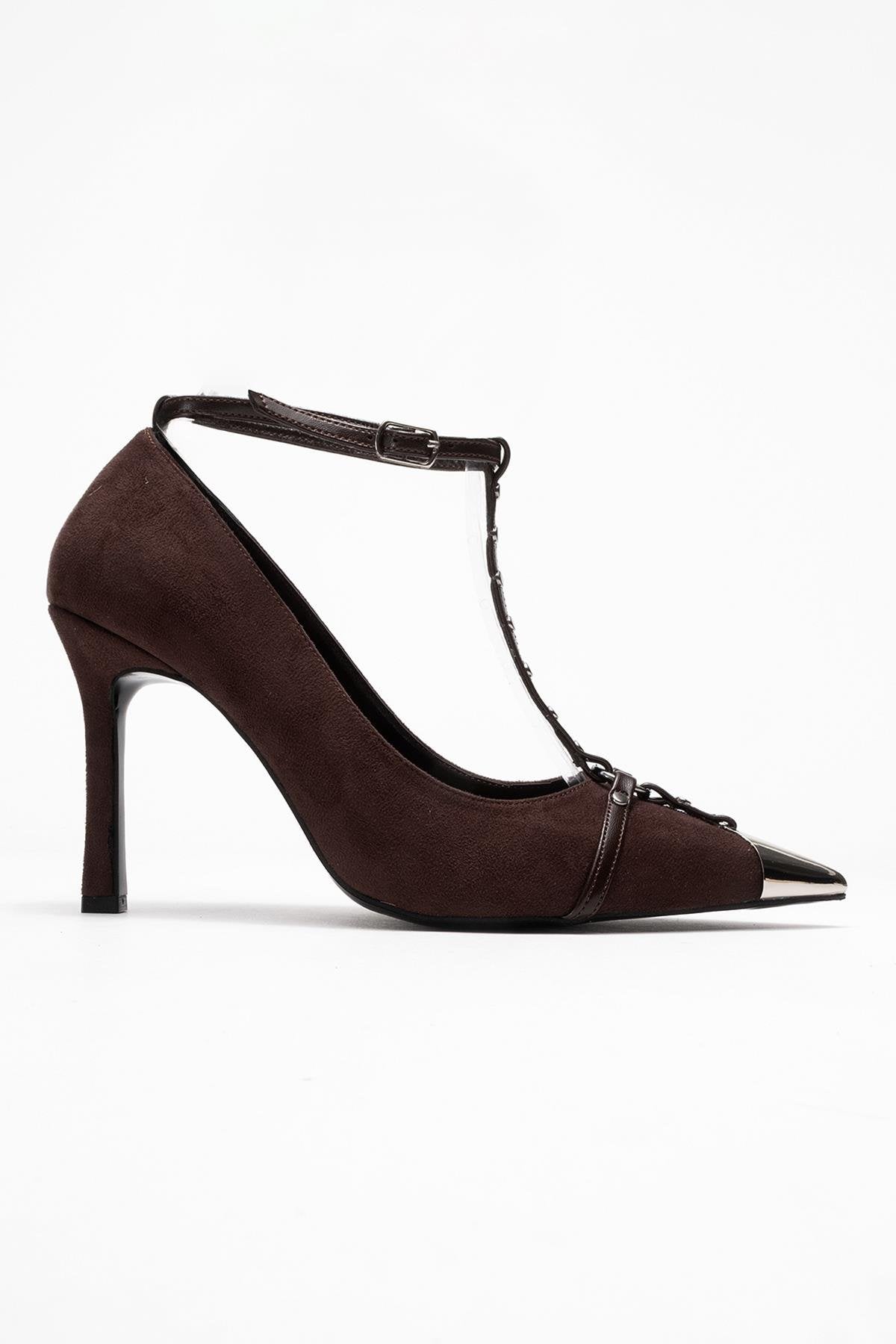 Juliana - Brown Strapped Metallic Toe Heeled Shoe – top view showing leather, suede, metallic, Vowalisse