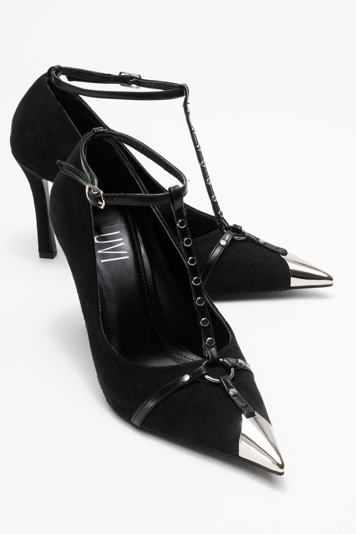 Juliana - Black Strapped Metallic Toe Heeled Shoe – front three-quarter view showing leather, suede, metallic, Vowalisse