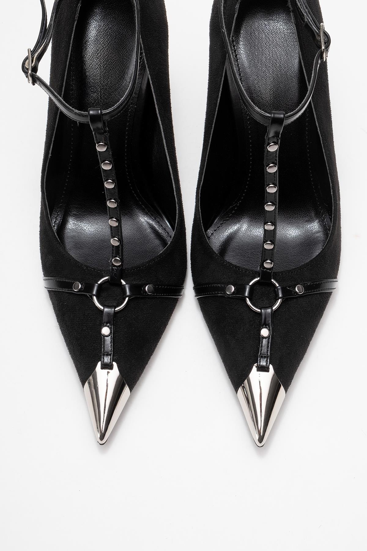 Juliana - Black Strapped Metallic Toe Heeled Shoe – side view showing leather, suede, metallic, Vowalisse
