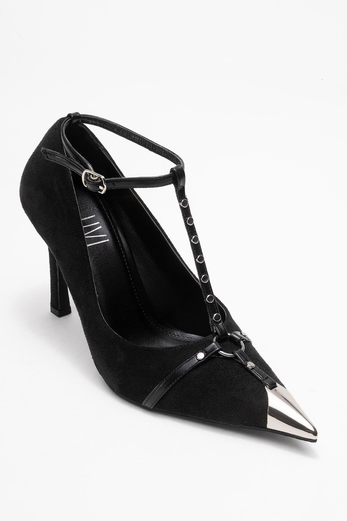 Juliana - Black Strapped Metallic Toe Heeled Shoe – detail view showing leather, suede, metallic, Vowalisse