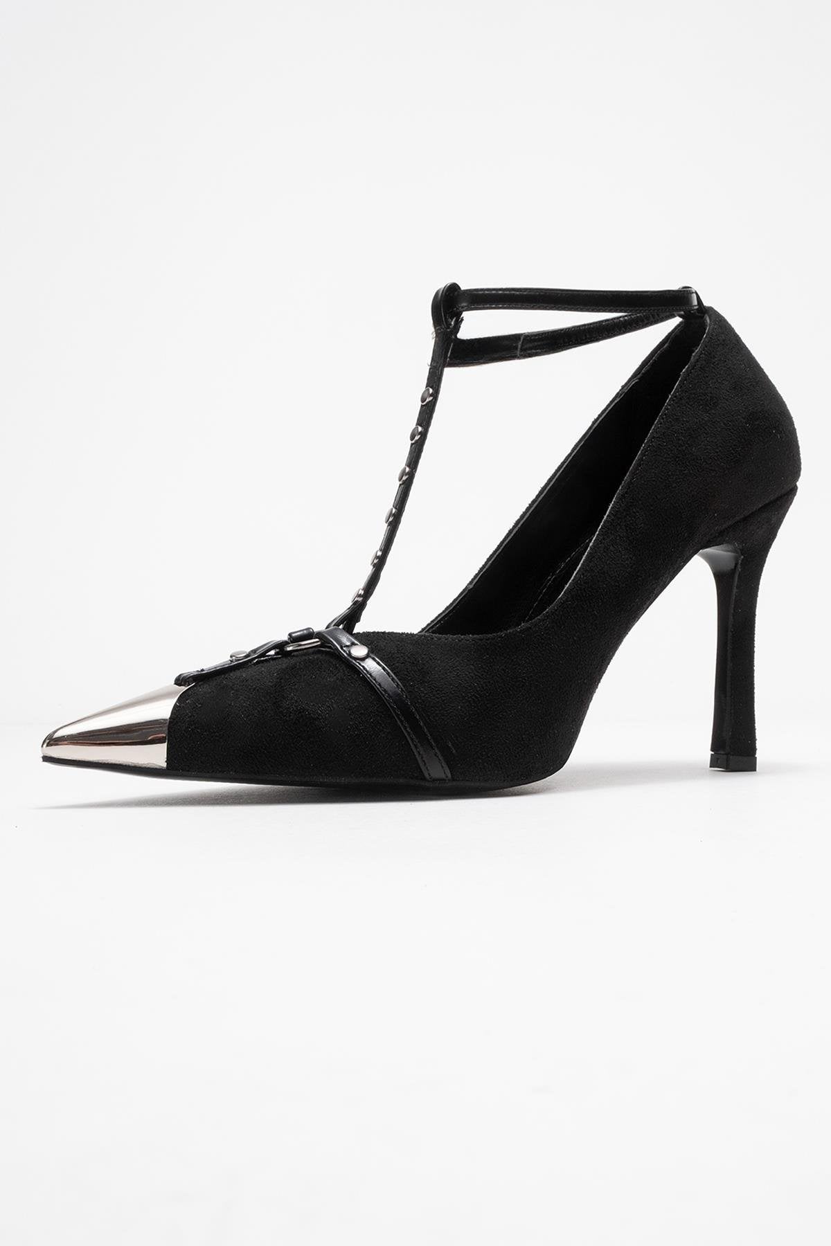 Juliana - Black Strapped Metallic Toe Heeled Shoe – heel view showing leather, suede, metallic, Vowalisse