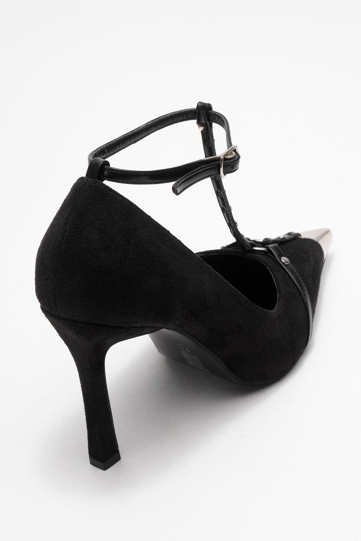 Juliana - Black Strapped Metallic Toe Heeled Shoe – back view showing leather, suede, metallic, Vowalisse