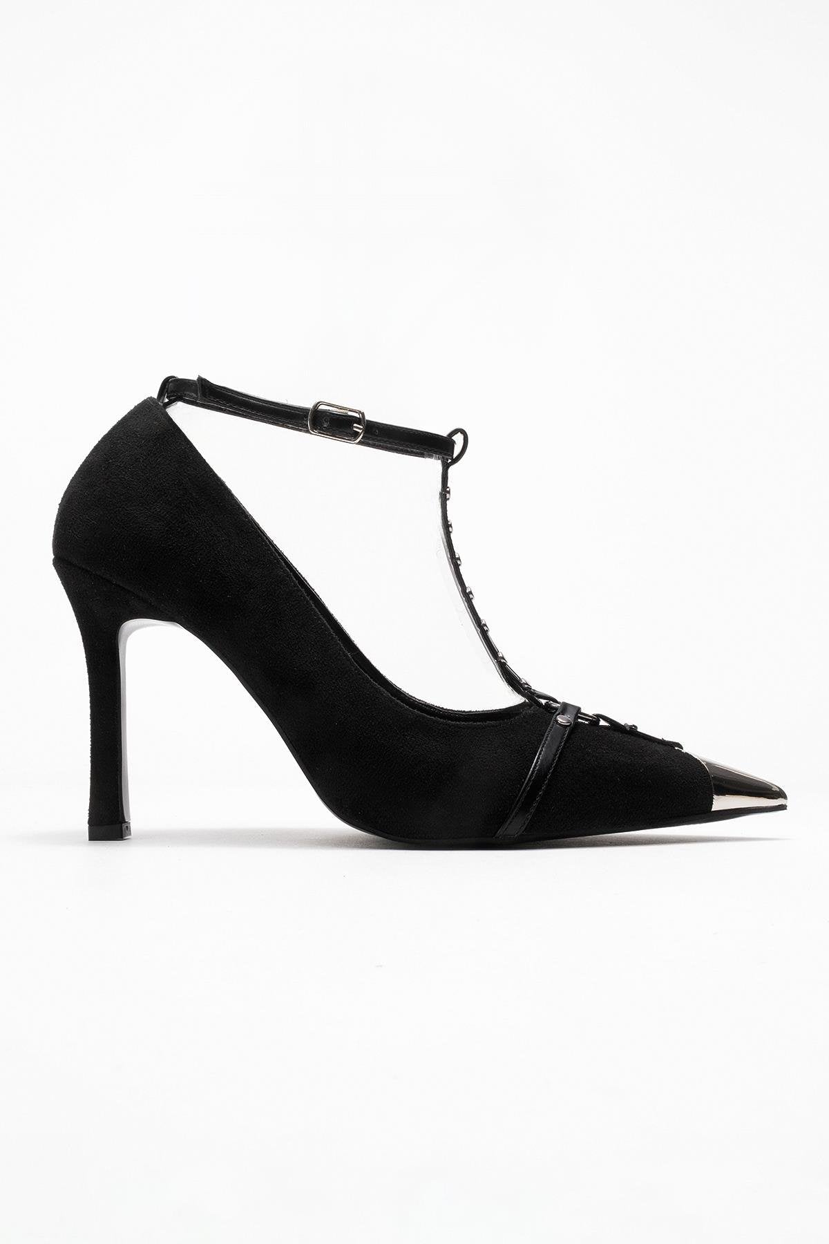 Juliana - Black Strapped Metallic Toe Heeled Shoe – top view showing leather, suede, metallic, Vowalisse
