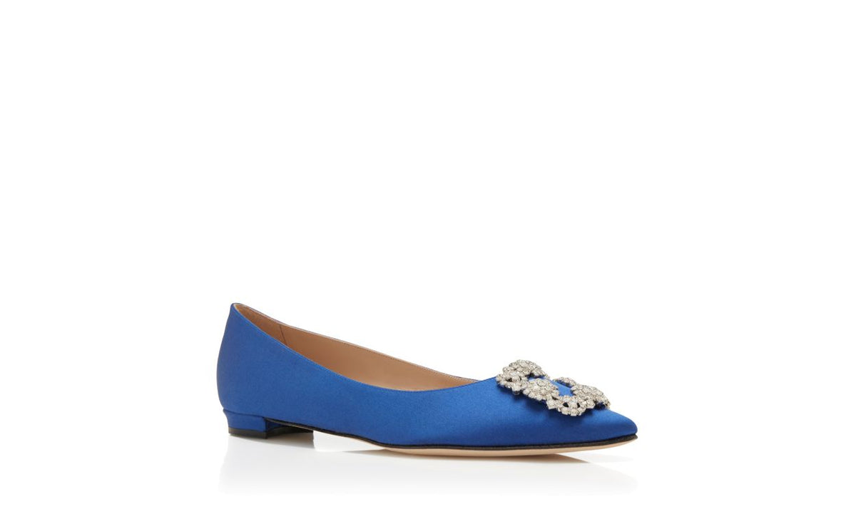Amelie Grace Blue Jewel Buckle Pumps – top view showing blue jewel buckle, crystal buckle, almond toe, satin, Vowalisse