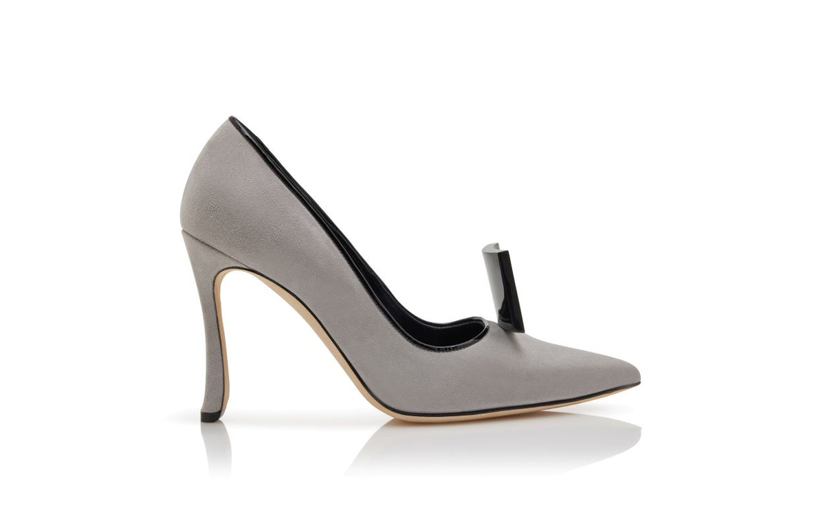 Anastasia Star Grey Pointed Toe Pumps – side profile showing grey pointed toe, suede, patent leather, Vowalisse