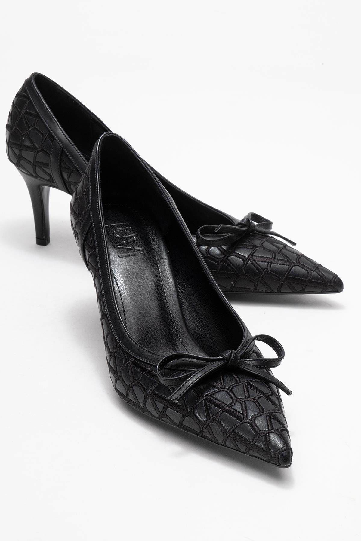 Camden - Black Patterned Bow Pump – front three-quarter view showing bow, leather, black, Vowalisse