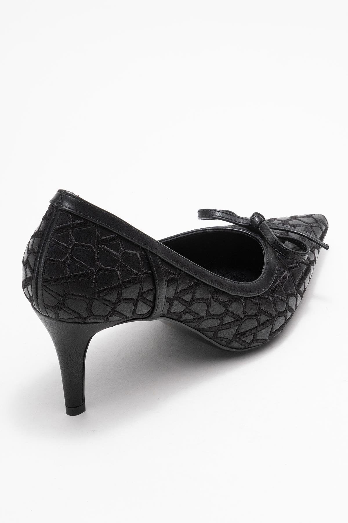 Camden - Black Patterned Bow Pump – back view showing bow, leather, black, Vowalisse