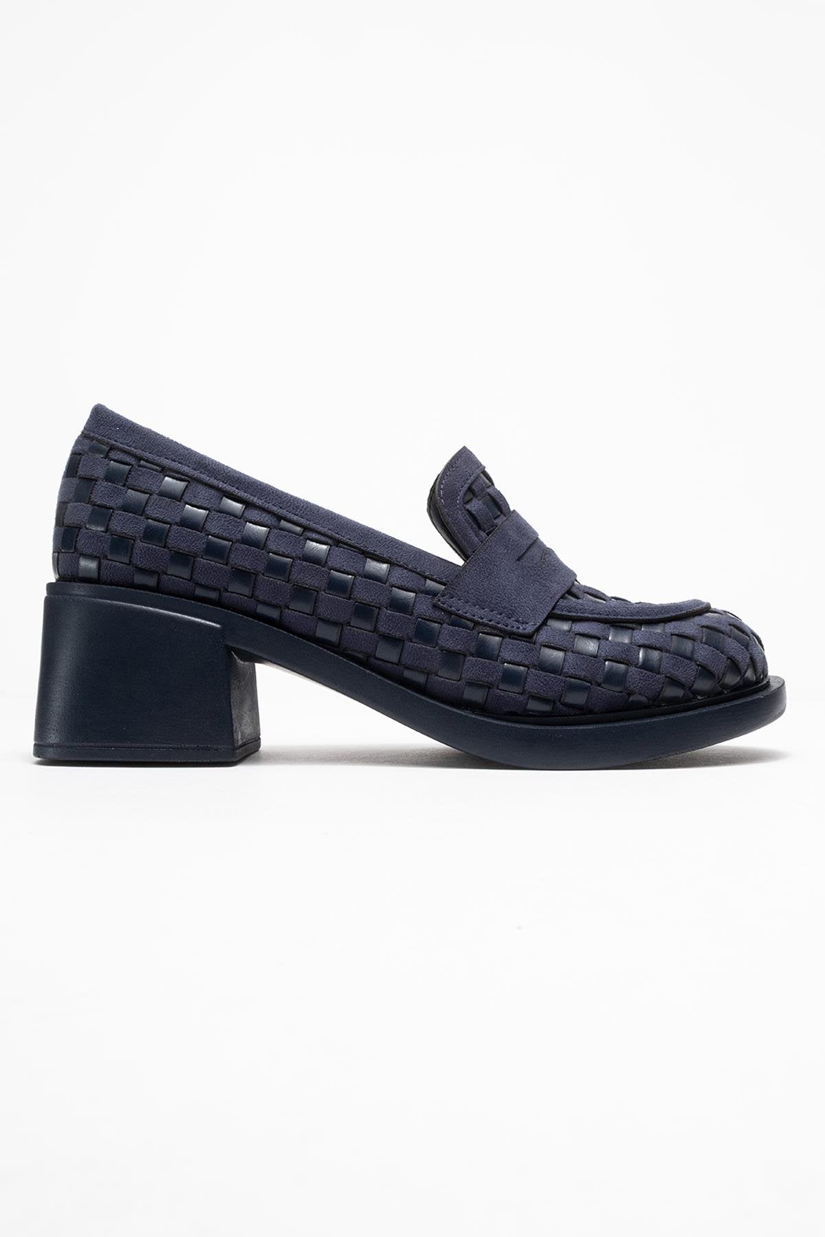 Marlon - Navy Woven Block Heel Shoe – top view showing leather, Vowalisse