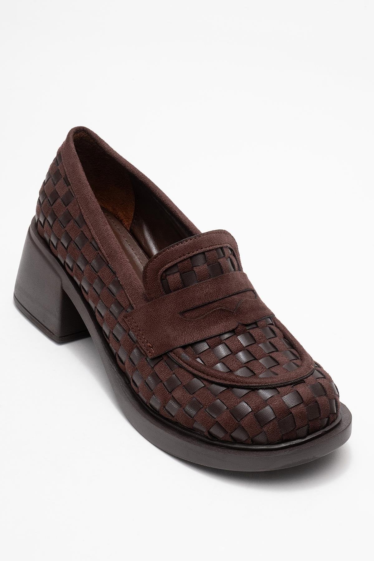 Marlon - Brown Woven Block Heel Shoe – detail view showing leather, Vowalisse