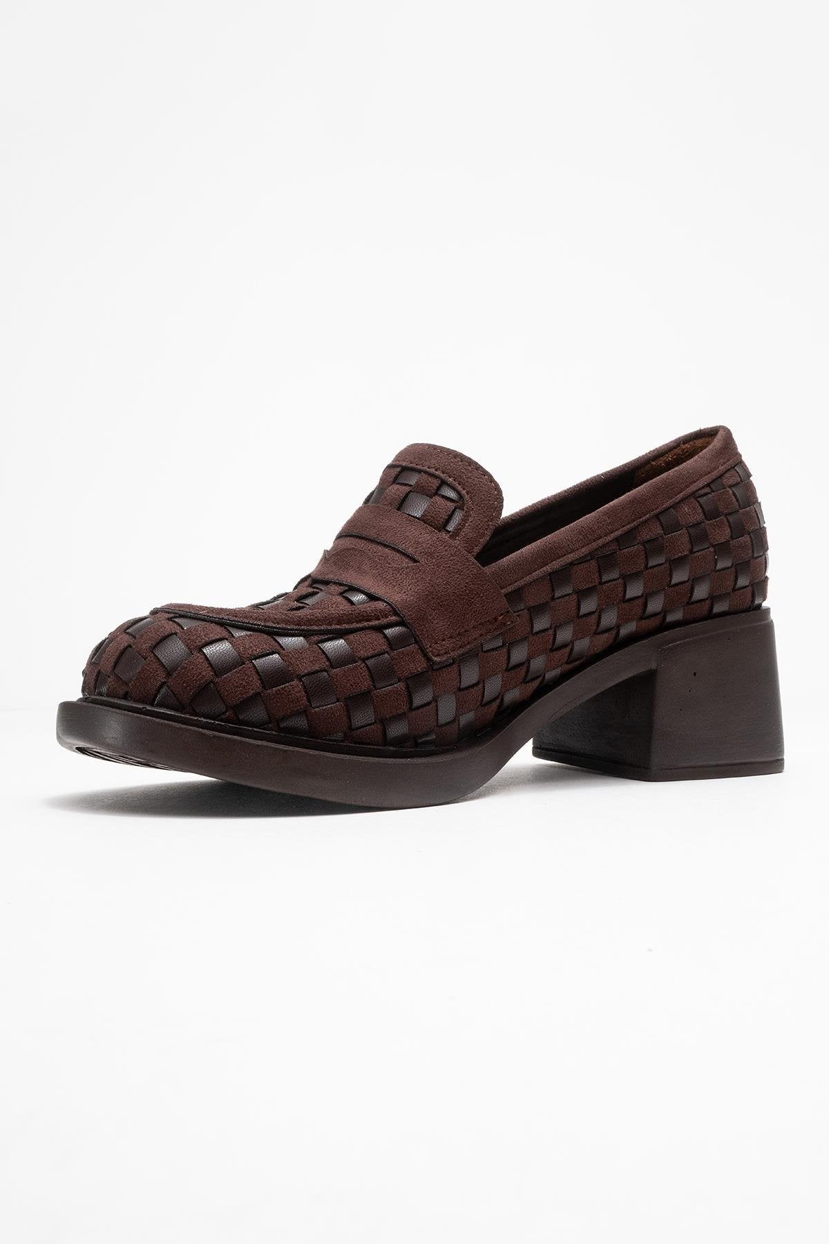 Marlon - Brown Woven Block Heel Shoe – heel view showing leather, Vowalisse