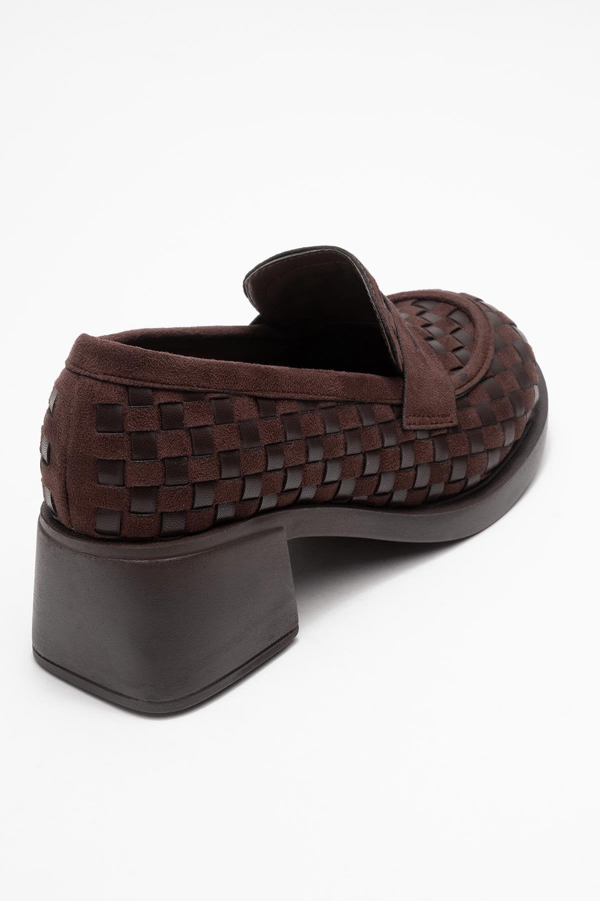 Marlon - Brown Woven Block Heel Shoe – back view showing leather, Vowalisse
