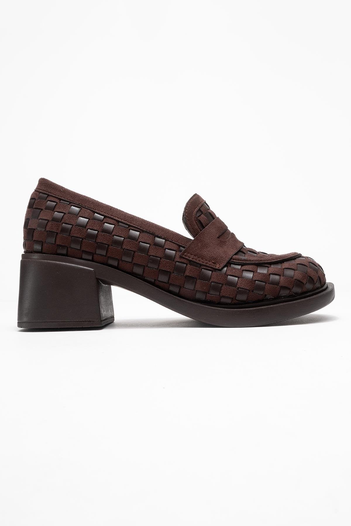 Marlon - Brown Woven Block Heel Shoe – top view showing leather, Vowalisse