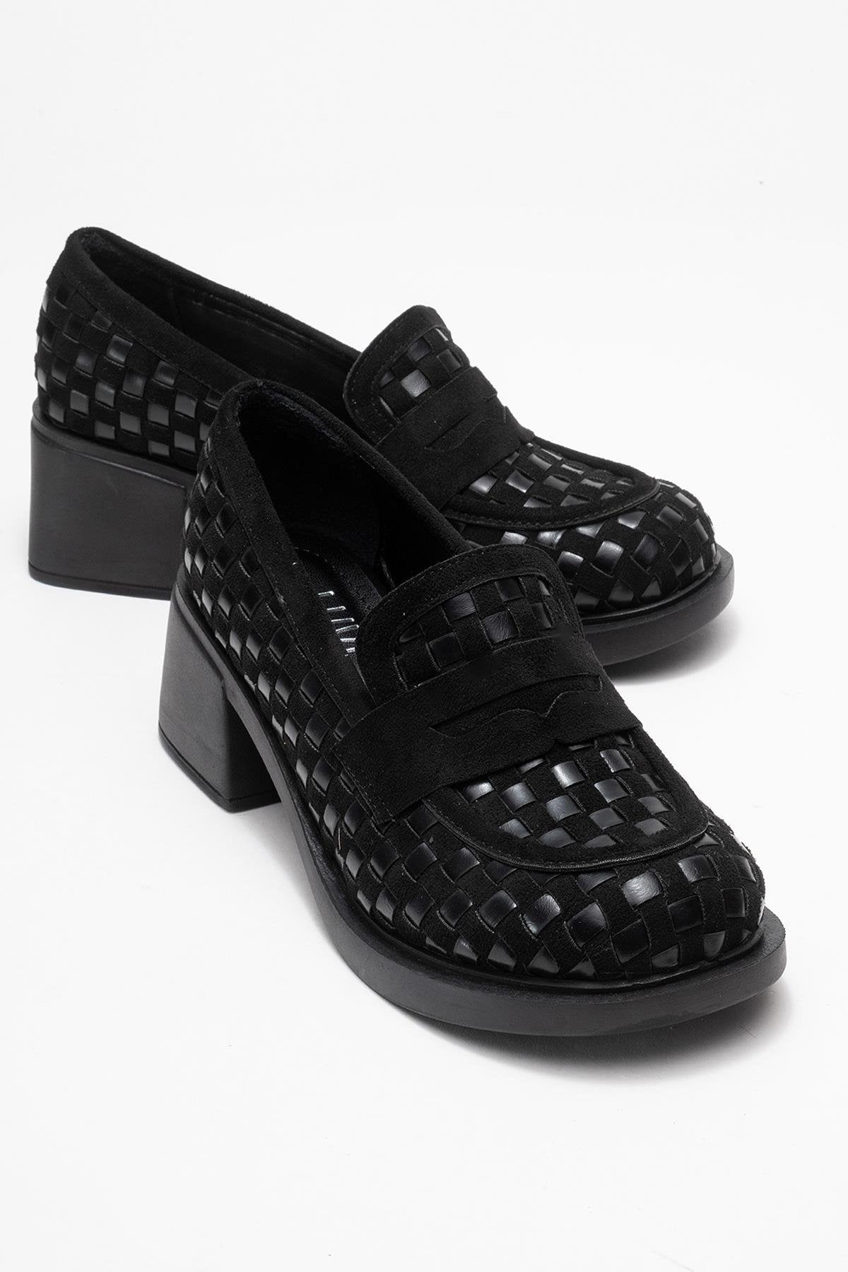 Marlon - Black Woven Block Heel Shoe – front three-quarter view showing leather, black, red, Vowalisse