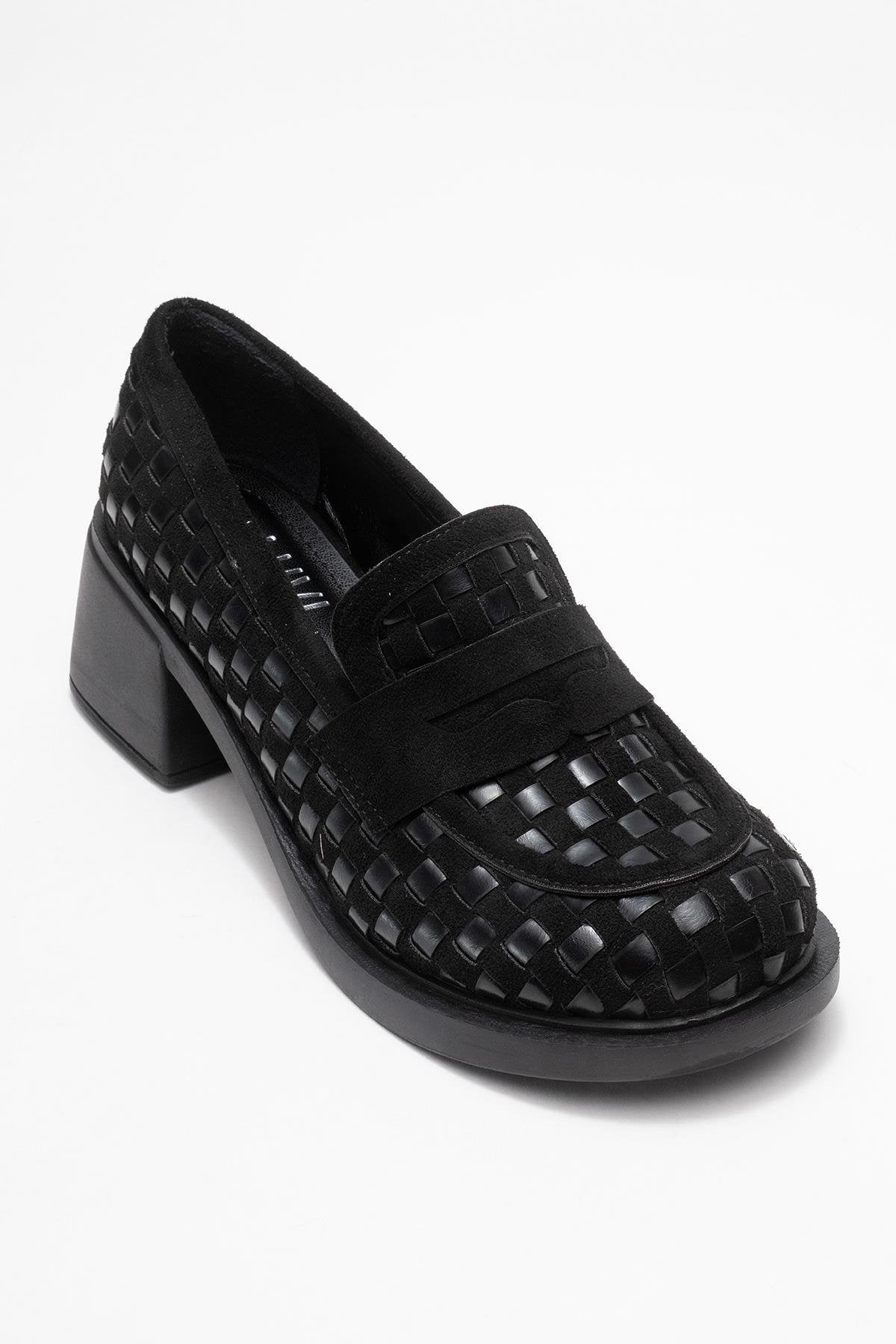 Marlon - Black Woven Block Heel Shoe – detail view showing leather, black, red, Vowalisse