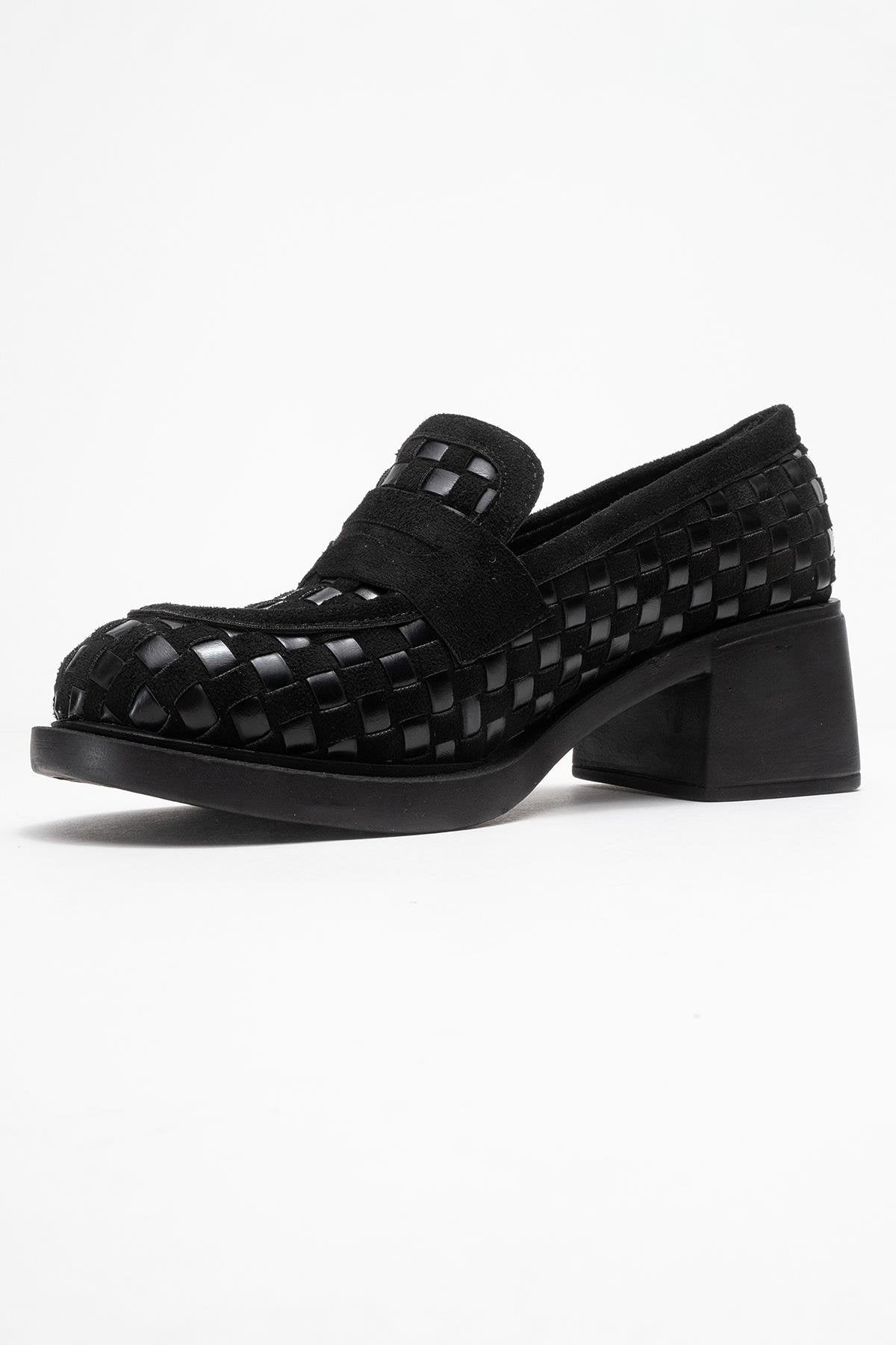 Marlon - Black Woven Block Heel Shoe – heel view showing leather, black, red, Vowalisse