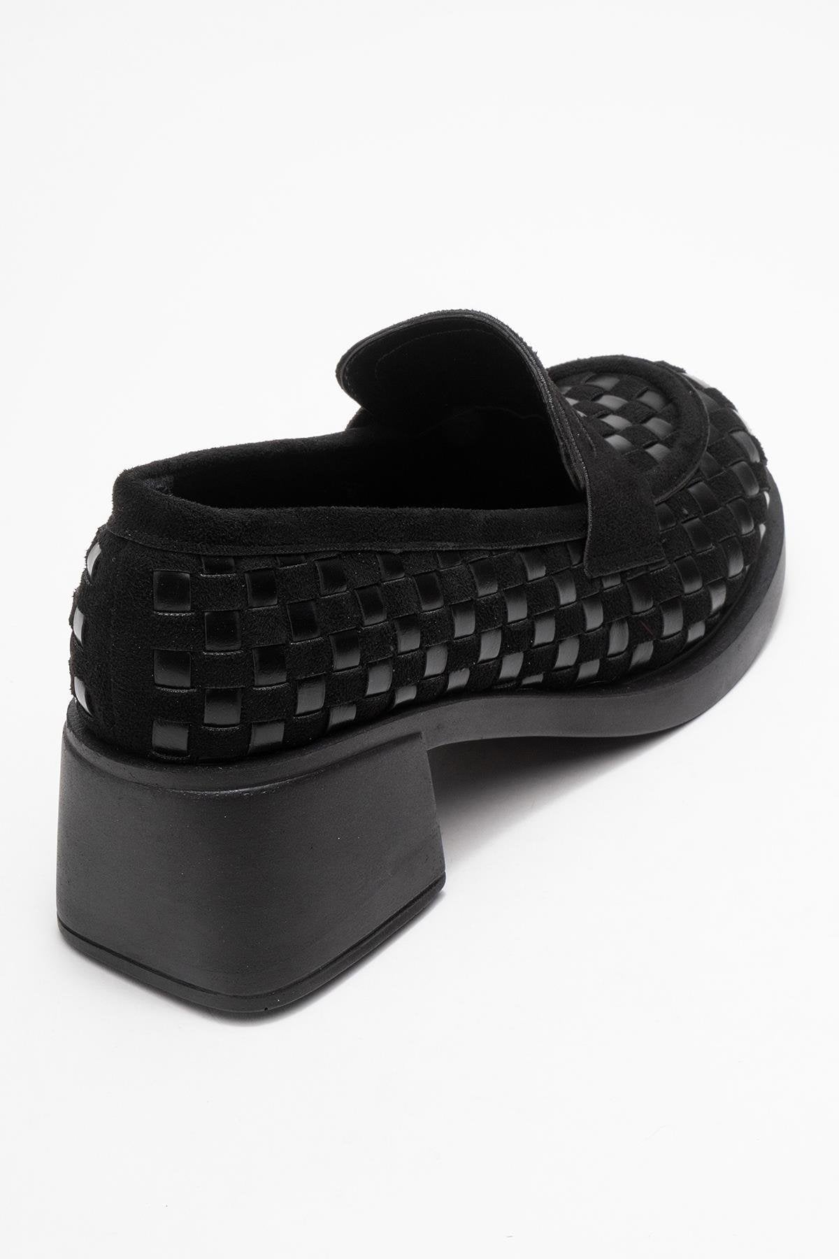 Marlon - Black Woven Block Heel Shoe – back view showing leather, black, red, Vowalisse