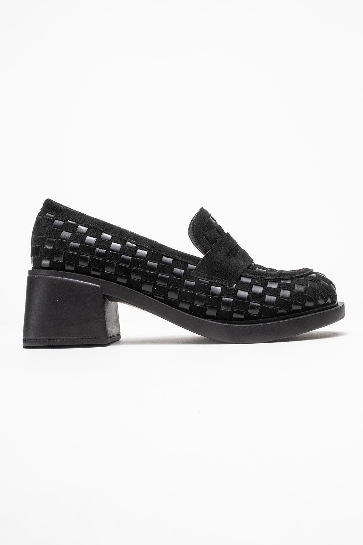 Marlon - Black Woven Block Heel Shoe – top view showing leather, black, red, Vowalisse