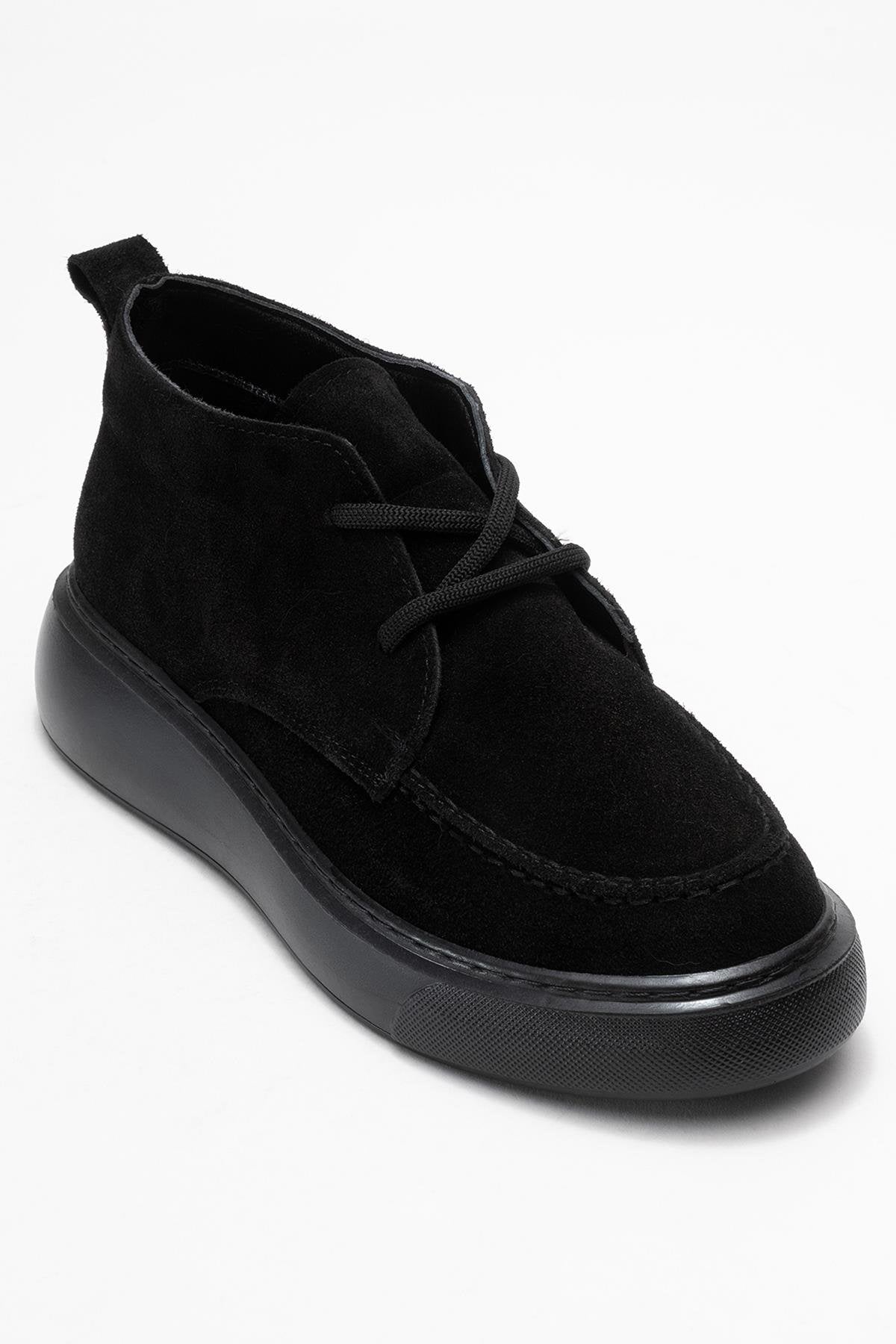 Lilya - Black Genuine Leather Chukka Boot – detail view showing leather, suede, black, Vowalisse