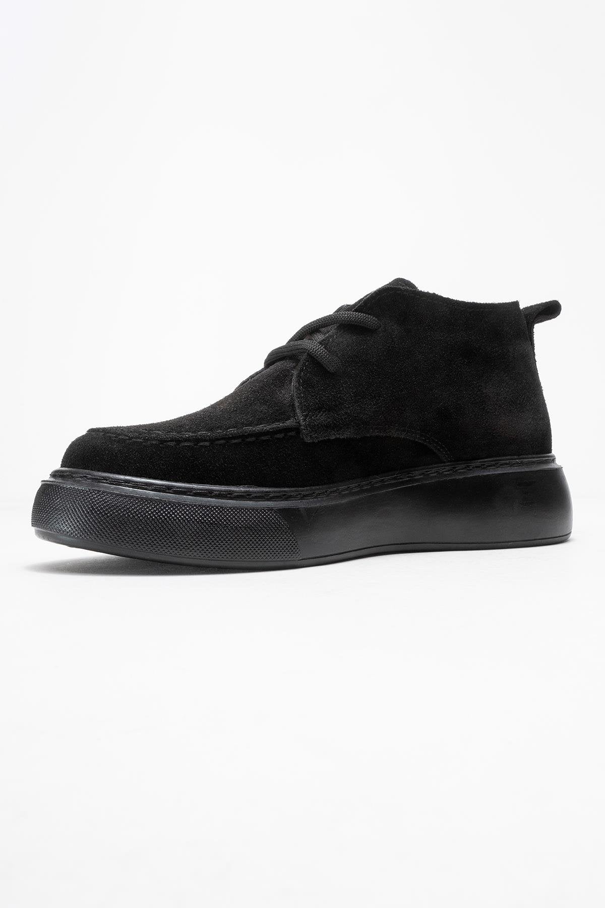 Lilya - Black Genuine Leather Chukka Boot – heel view showing leather, suede, black, Vowalisse