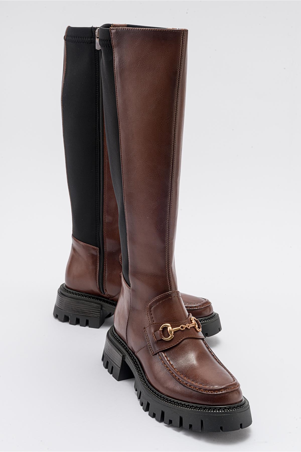 Chapel - Cognac Buckle Stretch Boot – front three-quarter view showing leather, Vowalisse