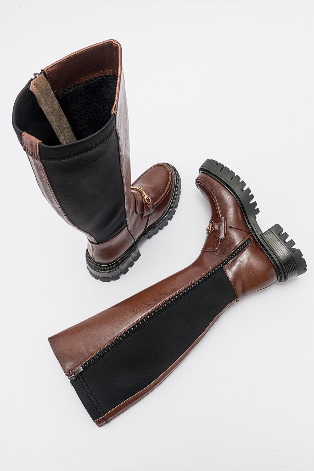 Chapel - Cognac Buckle Stretch Boot – side view showing leather, Vowalisse