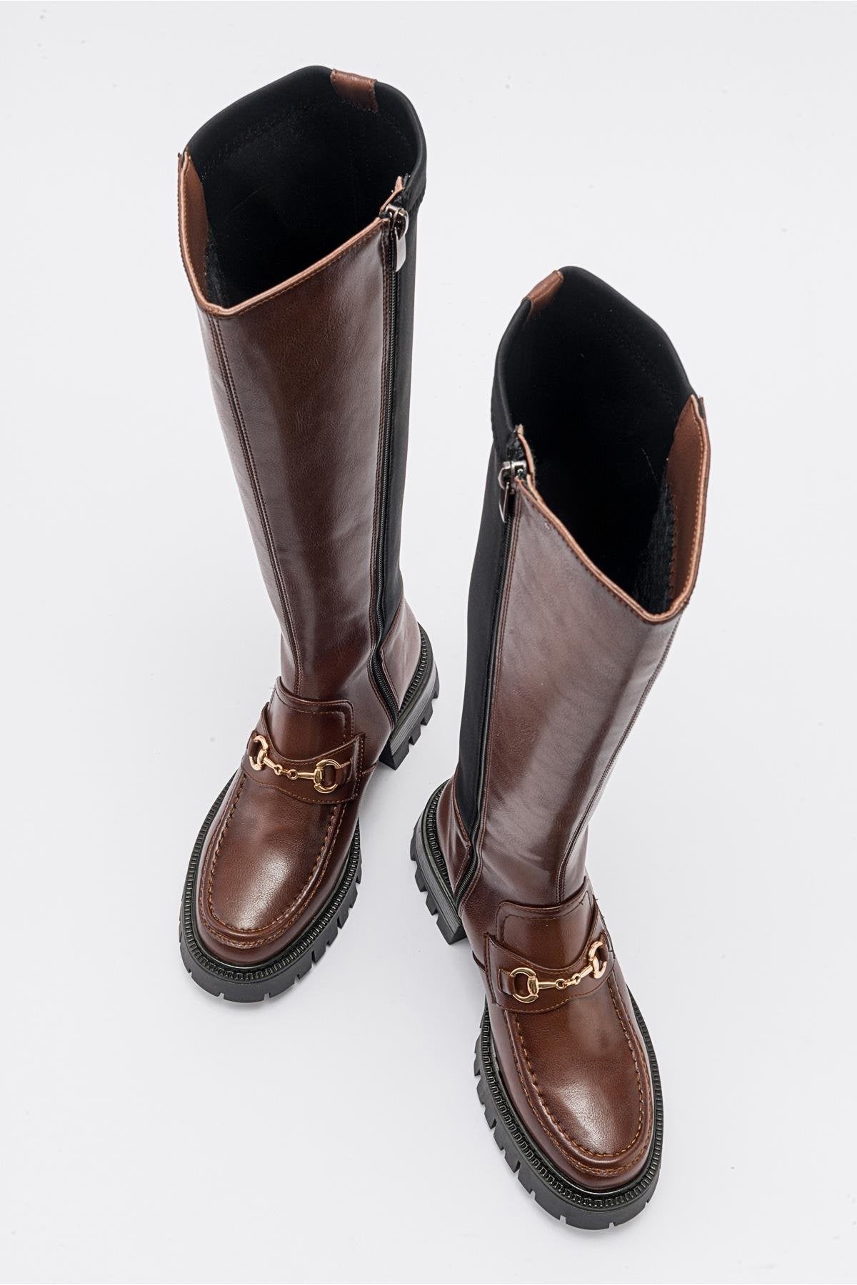 Chapel - Cognac Buckle Stretch Boot – detail view showing leather, Vowalisse