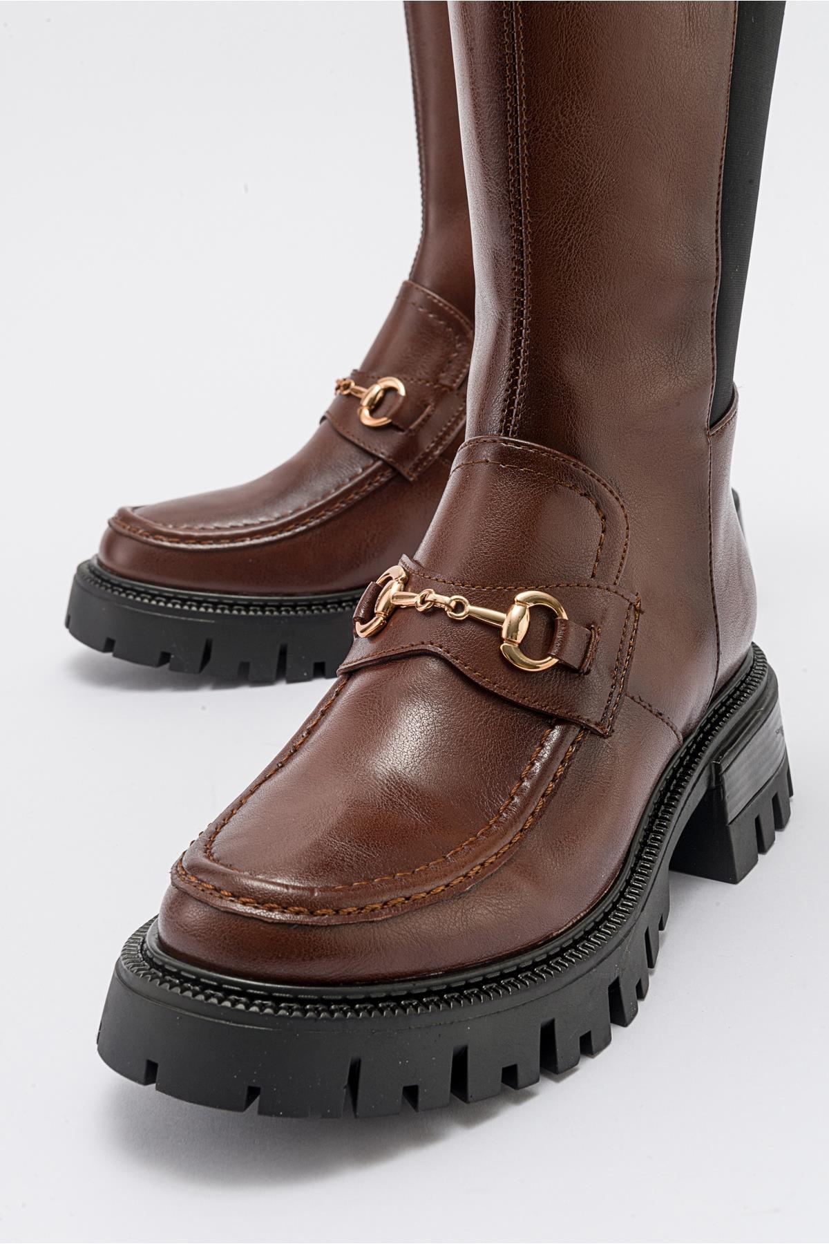 Chapel - Cognac Buckle Stretch Boot – heel view showing leather, Vowalisse